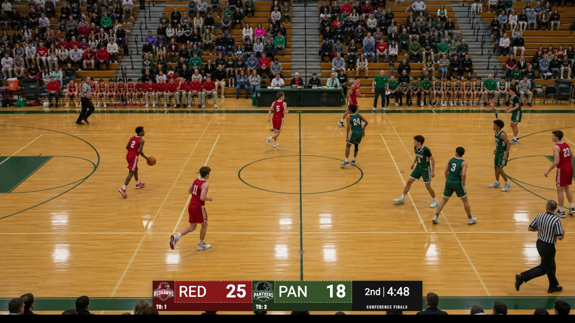 The ESPN 2018 basketball scorebug on a live game, team-colored panels with bold scores and a clock strip alongside the bug