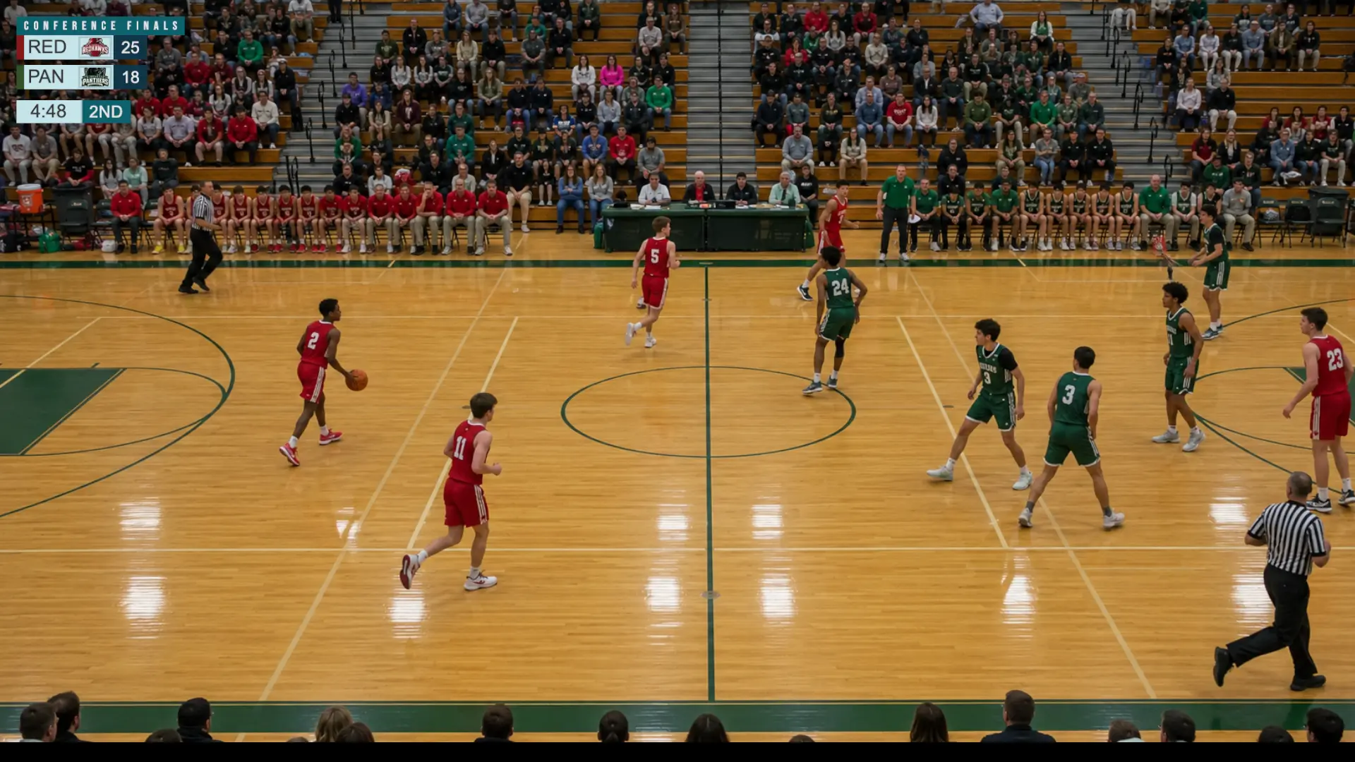 The Olympics 2024 basketball overlay on a live game, a wide international-broadcast layout with a match banner and team records above the score
