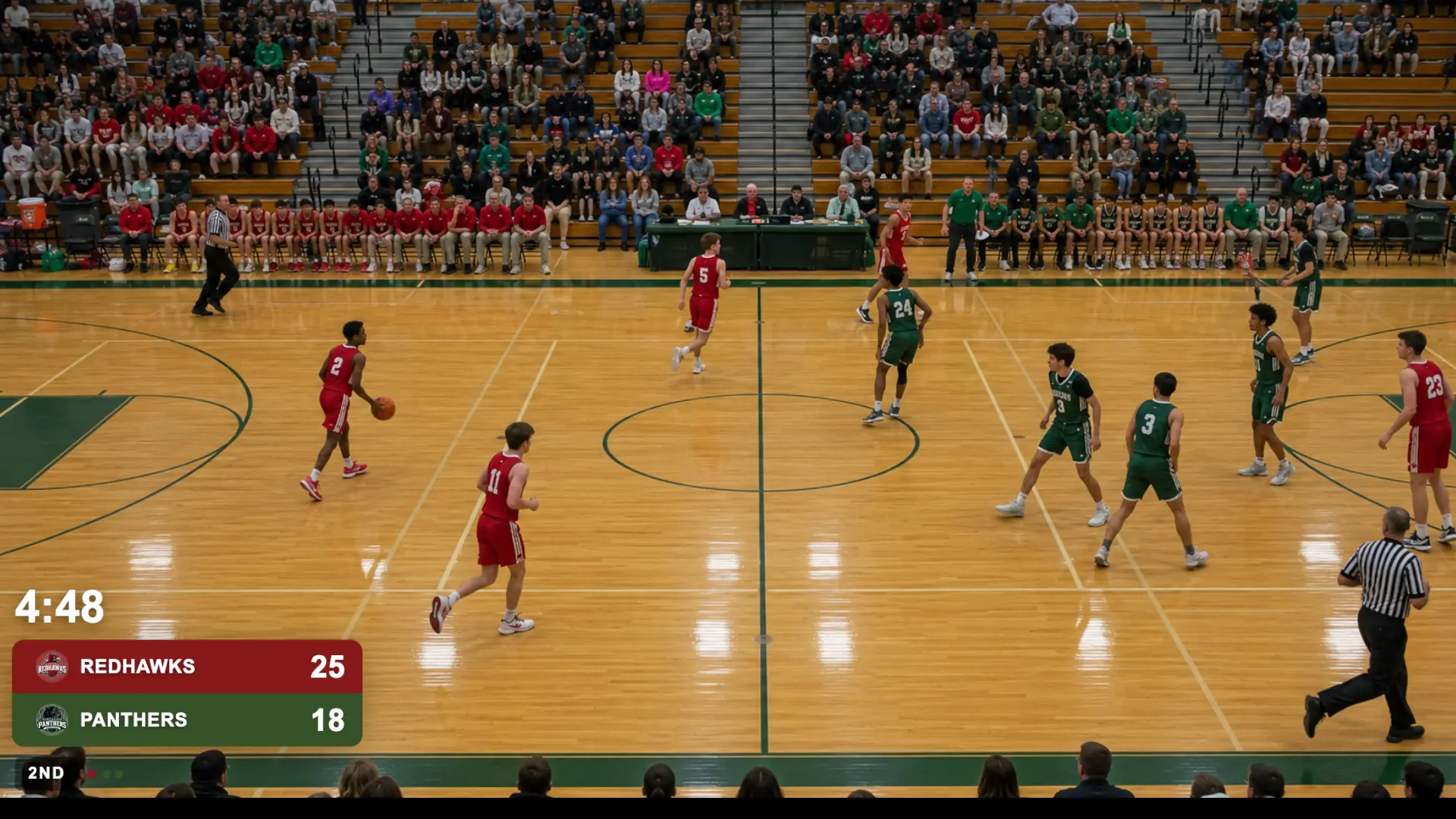 The Standard basketball scorebug on a live game, a compact bottom bar showing both team names, scores, the quarter, and the game clock